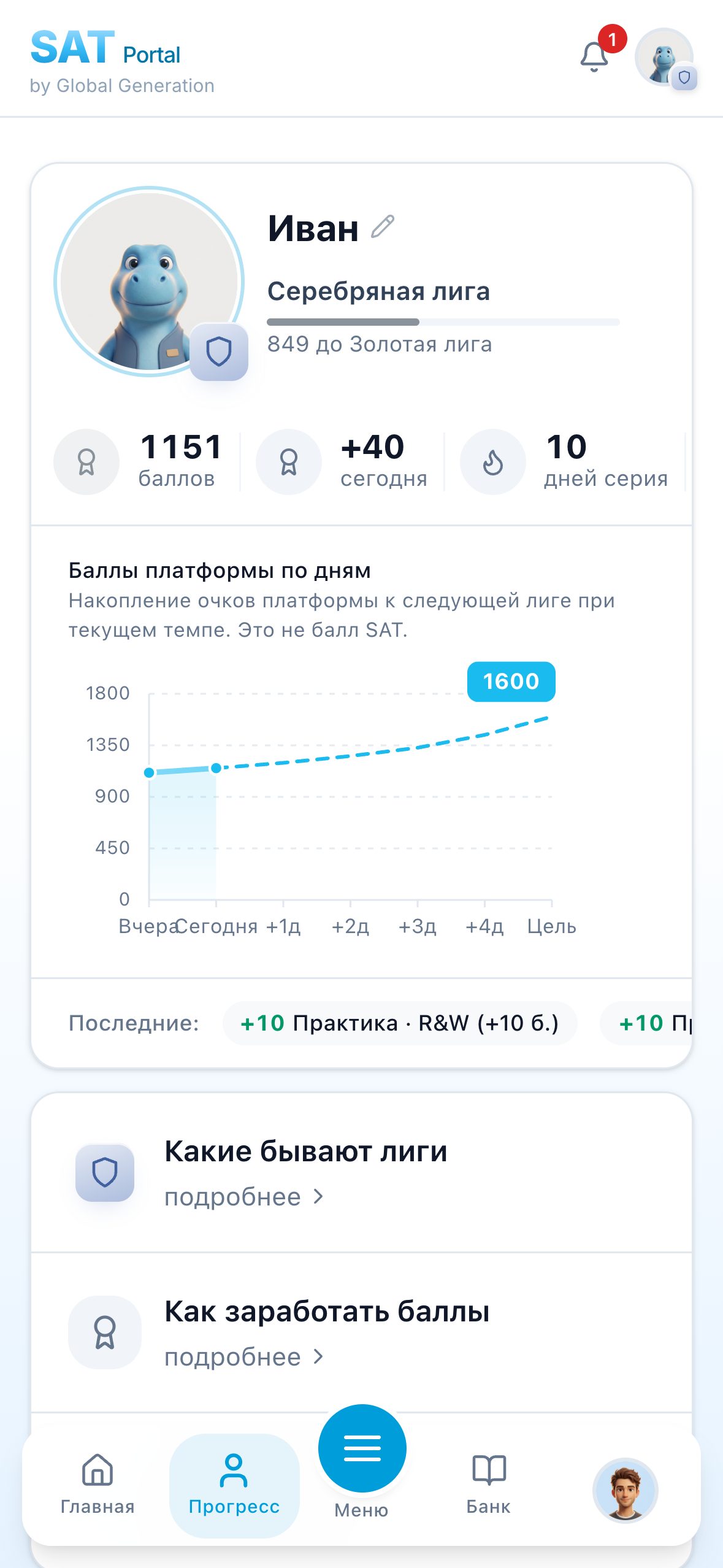 Мой прогресс: лига, баллы и график роста
