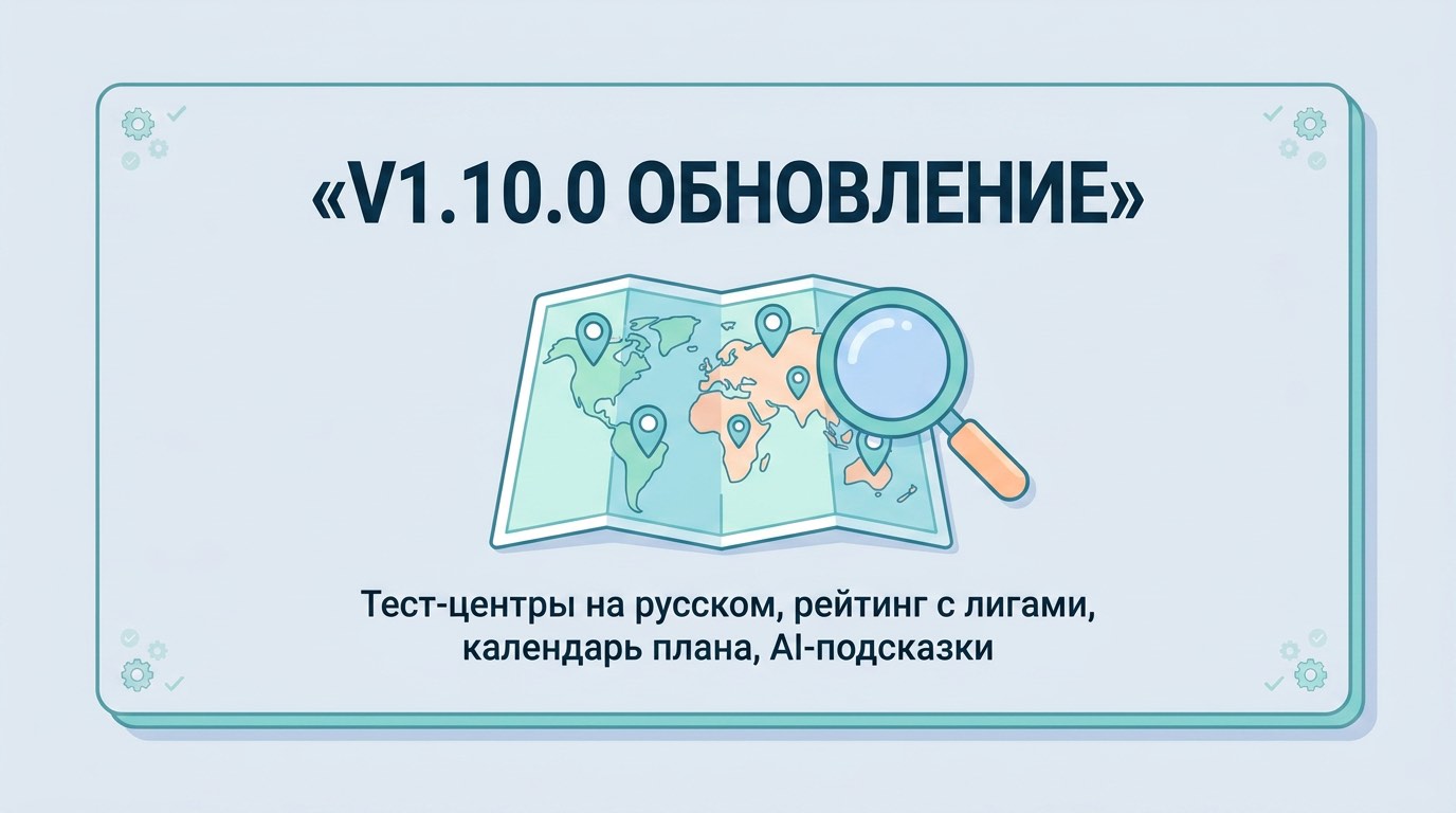 v1.10.0 Тест-центры на русском, рейтинг с лигами, календарь плана, AI-подсказки