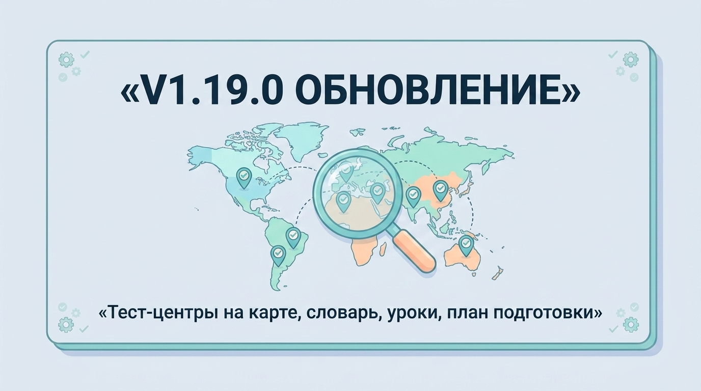 v1.19.0 Тест-центры на реальной карте, словарь, стабильность уроков, план подготовки