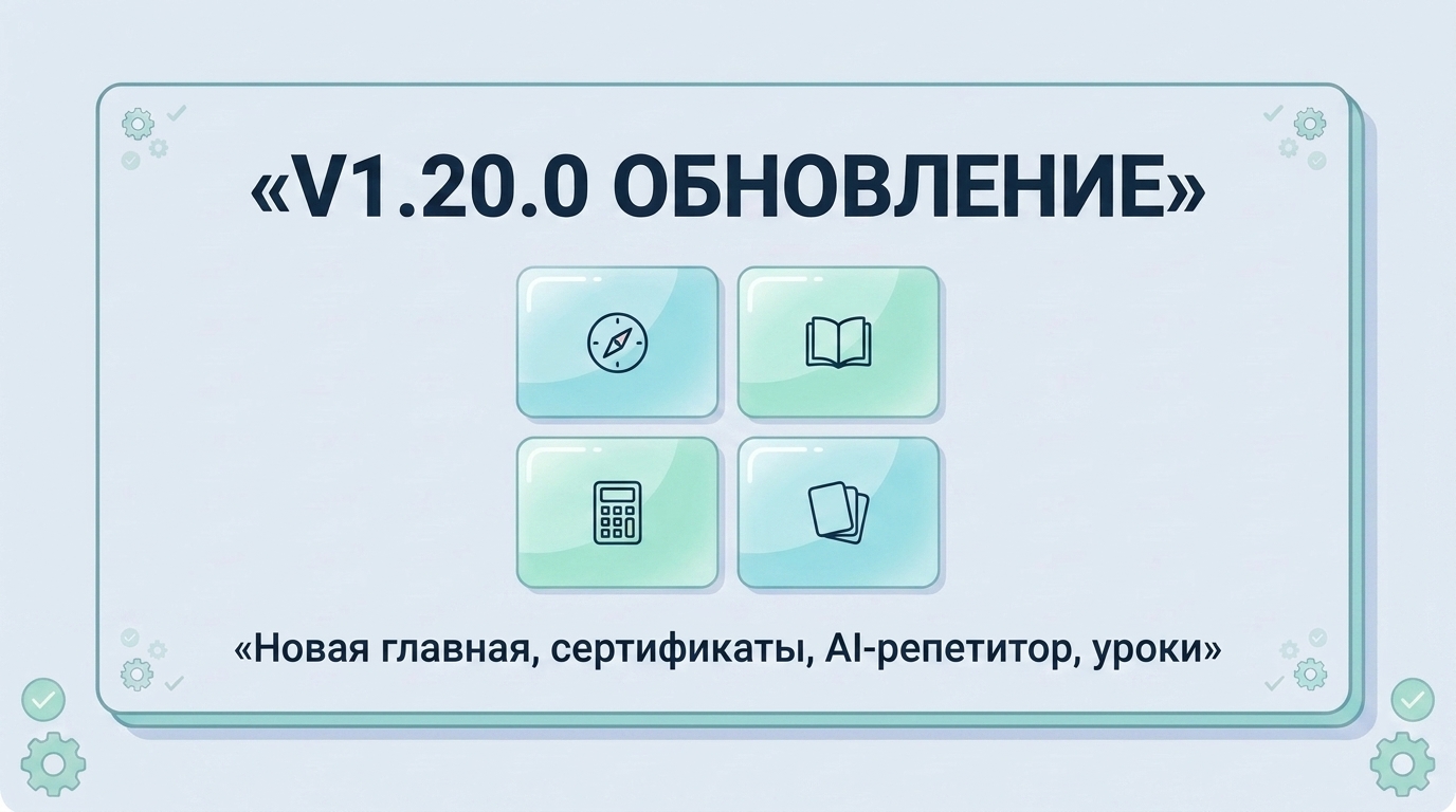 v1.20.0 Новая главная на жидком стекле, сертификаты, стабильность уроков